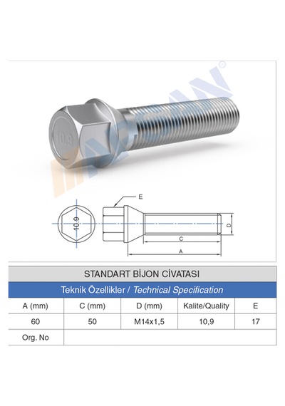 20 Adet Standart Bijon Civatası 50mm M14x1.5 Diş