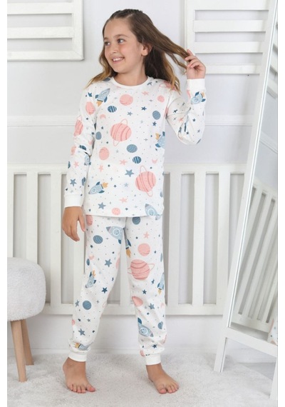 Bunny Hopp Unisex Çocuk Pijama Takımı %100 Pamuk Uzun Kollu Penye 3-8 Yaş Beyaz