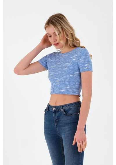 Kadın Basic Kaşkorse Kumaş T-shirt Mavi