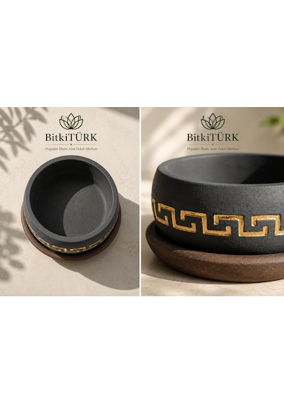 Dekoratif Desenli Beton Bonsai Saksısı Ve Altlık Seti 18 Cm Sukulent Ve İç Mekân Bitkileri İçin El Yapımı Saksı -