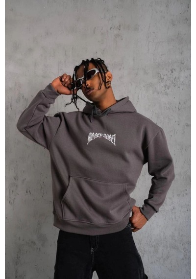 Erkek 3 İplik Pamuklu Baskılı Kapüşonlu Cepli Sweatshirt Hoodie - Füme