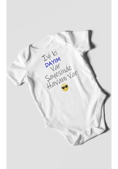İyi Ki Dayım Var Sayesinde Havam Var Baskılı Bebek Zıbını Çıtçıtlı Body %100 Pamuk Kısa Kol Beyaz