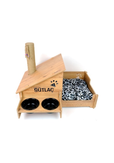 Realwood Ahşap Seramik Kaseli Tırmalama Çubuklu Açık Kapalı Kedi Evi