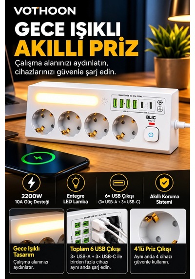 Çoklu Gece Lambalı Üçgen Priz Akım Korumalı 4 Lü Priz 3xusb 3xtype-c Çıkışlı Grup Priz Beyaz 1