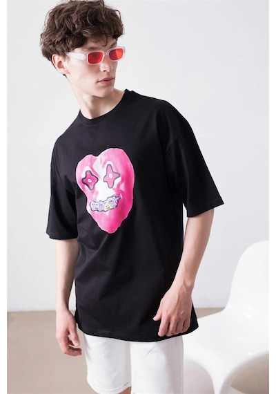 Startmore Unisex Kalp Beyaz Tshirt Siyah