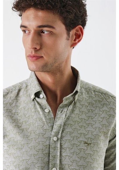 İmza Koyu Haki Kısalabilir Kollu Desenli Jakarlıcepsiz %100 Pamuk Casual Slim Fit Gömlek 1004230181-koyu Haki Koyu Haki