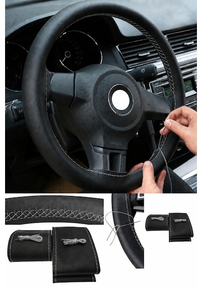 Volvo V70 2000-2004 Uyumlu Direksiyon Kılıfı Dikmeli Siyah Deri Gri Dikişli