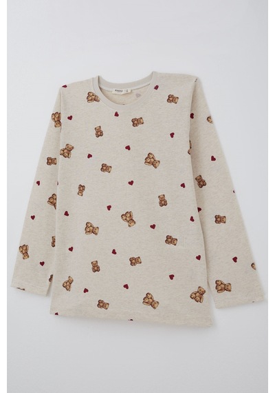 Breeze Kız Çocuk Pijama Takımı Kalp & Sevimli Oyuncak Ayıcık Desenli 4-8 Yaş, Bej Melanj