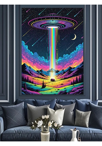 Ahşap Tablo Ufo Ve Renkli Işıklar