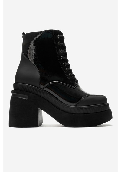Luvi Shoes Norton Siyah Rugan Bağcıklı Fermuarlı Kadın Platform Topuklu Bot