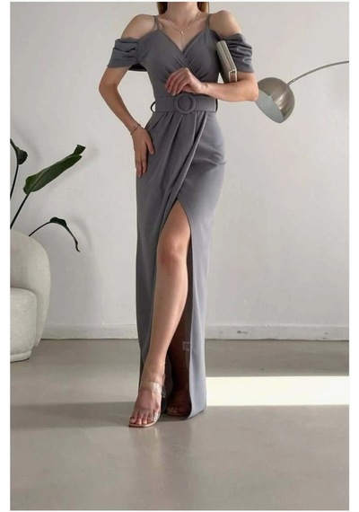Bezos Krep Yırtmaçlı Elbise Abiye V Yaka Kumaş Renk: Mor Beden: 2xl Nhr