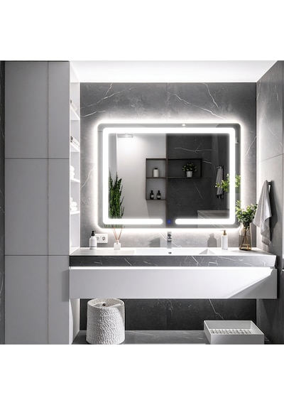 Linea Beyaz Led'li Kumlamalı Lavabo & Banyo Aynası Dokunmatik Sensörlü 100 X 75 Cm