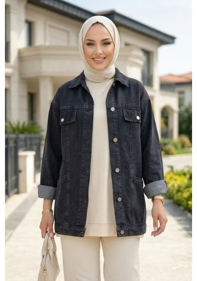 Hb Harma Time Butik Kadın Cep Detaylı Denim Kot Siyah Ceket