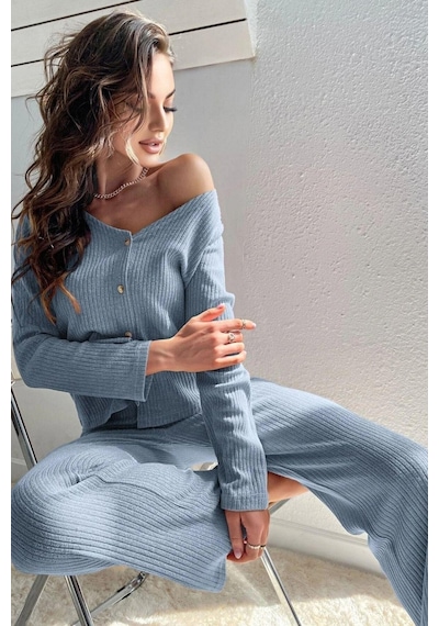 Bella Notte V Yaka Pamuklu Mavi Düğmeli Uzun Pijama Takımı