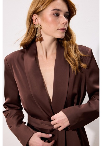 Sateen Kuşaklı Saten Ceket - Kahve-137005 Kahve
