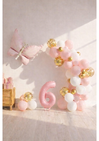 Kelebek Temalı Pembe 6 Yaş Doğum Günü Balon Seti Pembe Gold Balon Zincirli Pembe