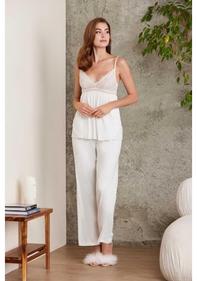 Pierre Cardin 2820 Kadın Ekru Dantelli Penye 3'lü Sabahlıklı Pijama Takım 001