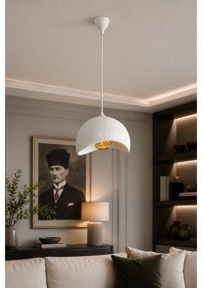Beton Görünümlü Tekli Sarkıt Avize Modern Bohem Rustik Salon Mutfak G95 Led Ampul Hediyeli Beyaz