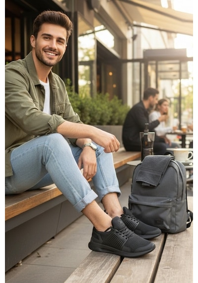 Enoch Erkek Spor Ayakkabı Yan Destek Panelli Sneaker Fileli Yürüyüş Ve Outdoor Modeli Siyah