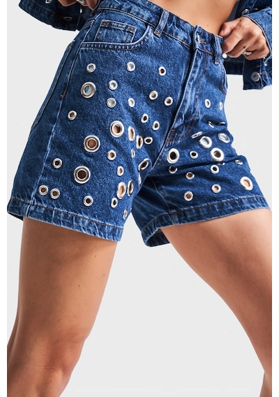 it's basic Kadın Mavi Renk 1s5-5 Kuş Gözü Detaylı Midi Boy %100 Koton Mom Fit Tasarım Denim Şort