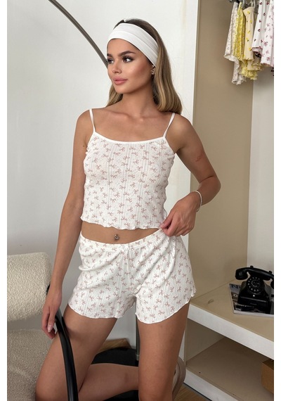 Giysa Kadın Askılı Fiyonk Desenli Şortlu Pijama Takımı Beyaz - 26y 32