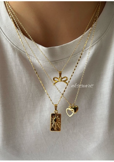3'lü Kurdele Gold Charm Kadın Kolye Kombin Sarı Sarı