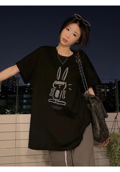 Flood Of Style Kadın Siyah Tavşan Baskılı Oversize T-shirt