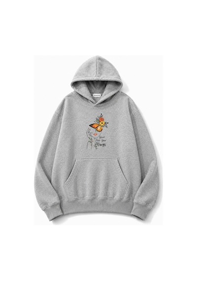 Herkesemoda Portre Ve Kelebek Baskılı Kapüşonlu 2 İplik Şardonlu Sweatshirt Gri