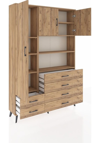 Arges Dolap 8 Raflı 6 Çekmeceli 3 Kapaklı 132x30x195 Çam-çam/çam Çam