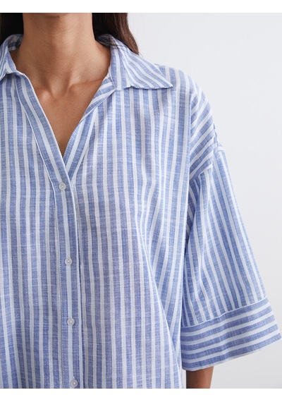 Lcw Vision Mavi Çizgili Oversize Poplin Kadın Gömlek