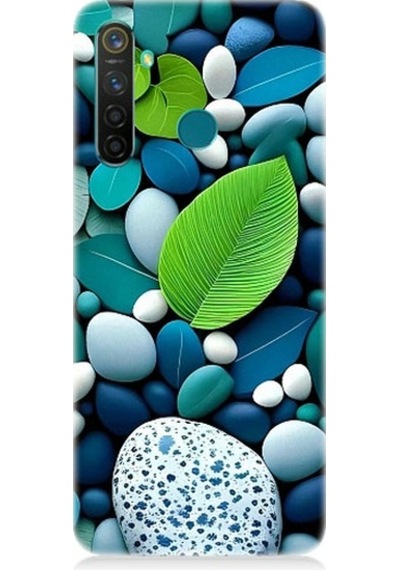 Realme 5 Pro Uyumlu Mavi Turkuaz Taşlar Ve Yeşil Yaprak Desenli Silikon Kılıf