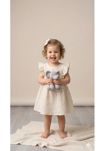 Cocosiss Kız Bebek Bandanalı Pamuk Elbise Ccs-2656 Bej