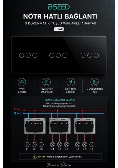 Bseed Siyah 9 Tuş Wifi Akıllı Dokunmatik Anahtar Tuya Smart Life, Nötr Hatlı