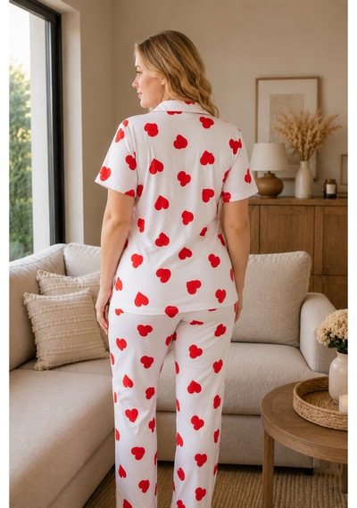 Rindahomewear Büyük Beden Kalp Desenli Milan Düğmeli Pijama Takımı Beyaz