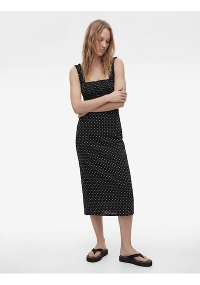 Koton Kare Yaka Slim Fit Kalın Askılı Gipeli Midi Puantiyeli Elbise Siyah Desenli 6sal80026ık