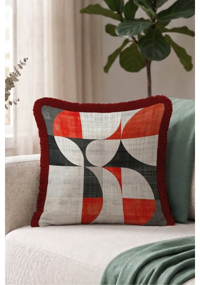 Geometrik Soyut Desen Saçaklı Yastık Kılıfı - Retro Eklektik Gri Siyah Bordo Püsküllü Kırlent Kılıfı Puslu Sahil Ritüel
