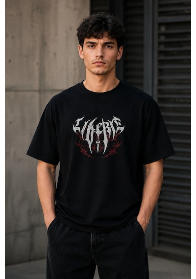 Novalisse Erkek Gotik Yazı Baskılı Oversize Bisiklet Yaka T-shirt - Siyah Çoklu Renk