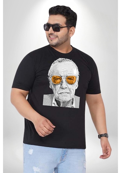 Angemiel Stan Lee Siyah Büyük Beden Erkek Kadın Unisex Basic Ön Baskılı Tişört Siyah