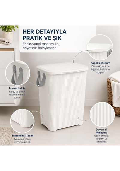 45 L Kapaklı Kirli Çamaşır Sepeti Modern Çizgili Tasarım Taşıma Kulplu Dayanıklı Plastik Banyo, Çamaşır Odası Ve Yatak Odası İçin 40 X 34 X 47 Cm, Beyaz Çok Renkli