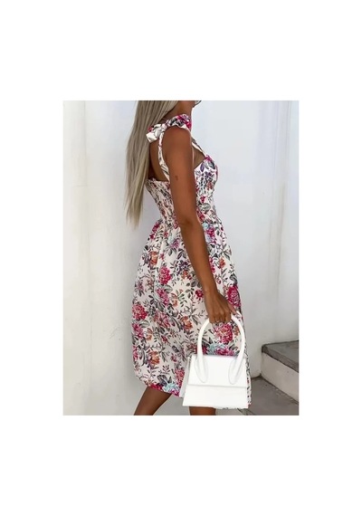 Butik İstanbul Kadın Askılı Kalp Yakalı Yandan Yırtmaçlı Midi Süprem Elbise Pembe