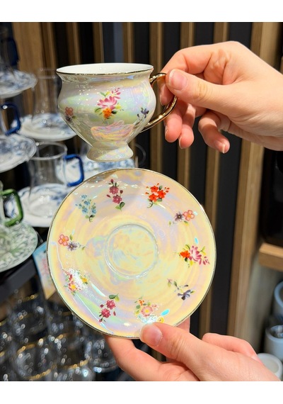 6 Kişilik Sedefli Vintage Çiçek Kahve Fincan Takımı -5696 Çok Renkli