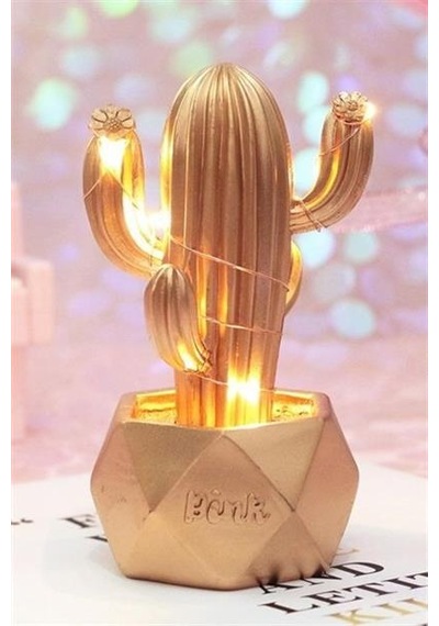 Led Işıklı Sevimli Kaktüs Dekoratif Masa Lambası Mini Biblo Gece Lambası-gold Çok Renkli