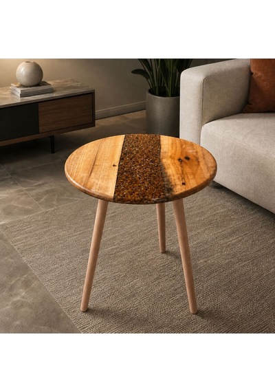 Modern Ahşap & Epoksi Detaylı Yuvarlak Kahve Sehpası 40 Cm Çap, 52 Cm Yükseklik Aletsiz Kolay Kurulum Bej