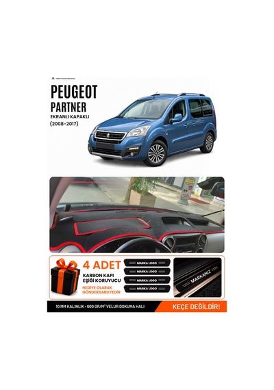 Peugeot Partner Ekranlı Kapaklı 2008-2017 Uyumlu Torpido Örtüsü - Siyah-kırmızı - Pe022