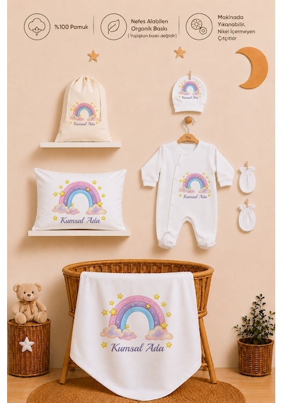 Pia Baby Kız Bebek %100 Pamuk Hediye Seti 6 Lı İsimli Keseli Tulum Şapka Eldiven Battaniye Ve Yastık Kılıfı 1075tybk0x Krem