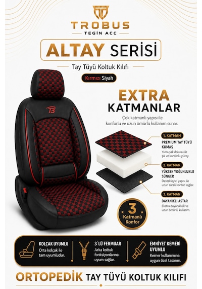Fiat Tipo 1990-2000 Uyumlu Altay Bel Destekli Tay Tüyü Siyah Kırmızı Koltuk Kılıfı Siyah Kırmızı