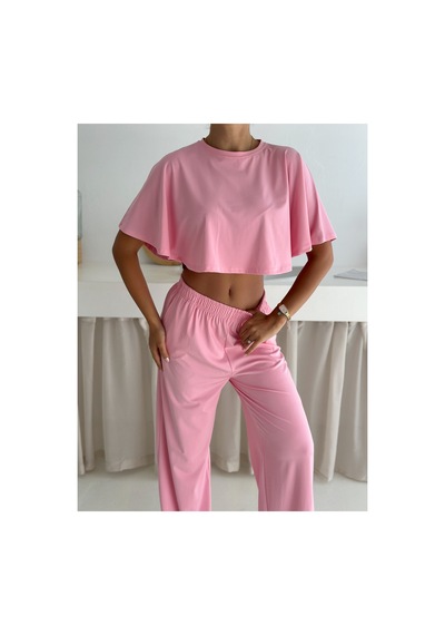 Gugus Yazlık Takım - Alt Üst Kadın Dokulu Kumaş -baggy Pantolon + Salaş Üst Pembe