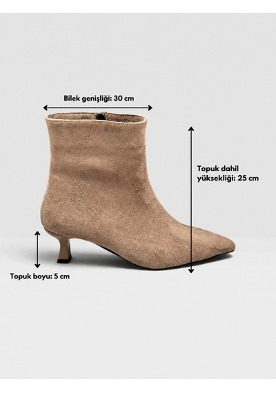 Vizon Süet Angie Fermuarlı 5 Cm Mini Topuklu Bot-6534 Bej