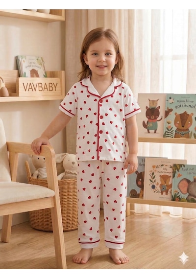 Kız Çocuk Pamuklu Kruvaze Yaka Önden Düğmeli Küçük Kalp Desenli Mevsimlik Alt Üst Pijama Takım Beyaz