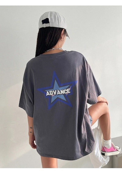 Flood Of Style Kadın Füme Advance Baskılı Oversize Bisiklet Yaka Tişört Gri